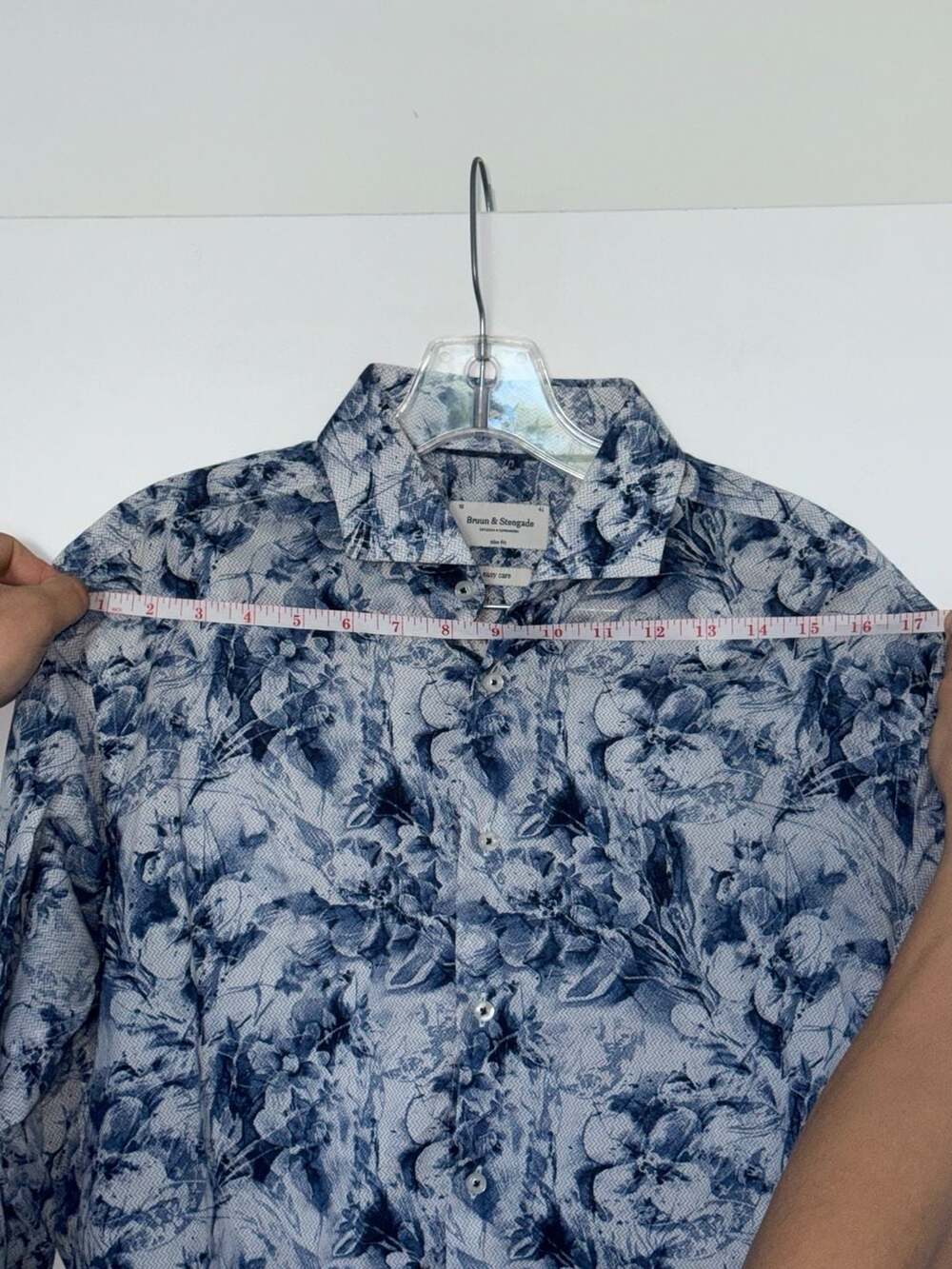 Bruun & Stengade Slim Fit Blue Floral Print Easy Care Cotton Shirt View 5